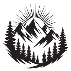 Mountain landscape with pine trees and sunburst, isolated on white background this vector illustration features a scenic view of nature with a mountain range and forest