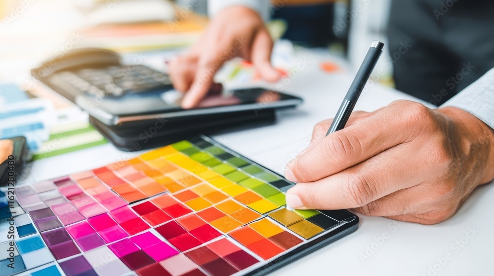 Poster hand of a designer selecting colors from a vibrant palette while using a calculator and notepad on a