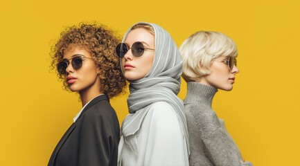 Three stylish women with diverse looks and sunglasses pose confidently against a yellow backdrop, expressing unity and modern fashion