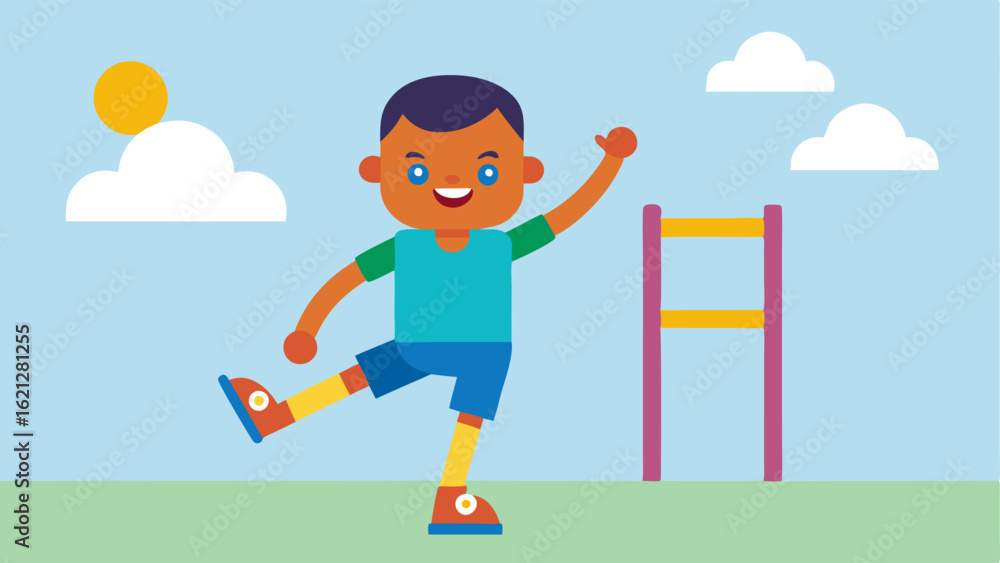 Poster child with prosthetic leg a cheerful child with a colorful prosthetic leg playing on a playground sy