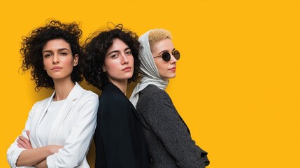 Three stylish women with diverse looks and sunglasses pose confidently against a yellow backdrop, expressing unity and modern fashion