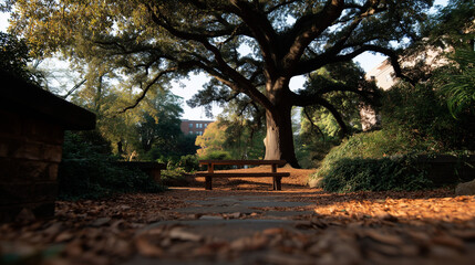 park bench under large oak tree in autumn 