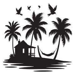 Obraz premium Tropical island paradise with palm trees, a beach house, and birds flying above isolated on white background, evoking a sense of relaxation and vacation