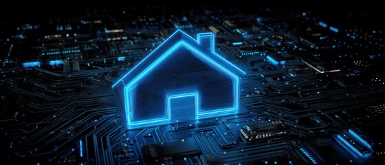 Smart Home Technology: Futuristic House Icon on Circuit Board