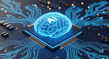 Futuristic 3D Render of a Glowing Brain with AI Text on a Computer Chip, Symbolizing Artificial Intelligence and Machine Learning