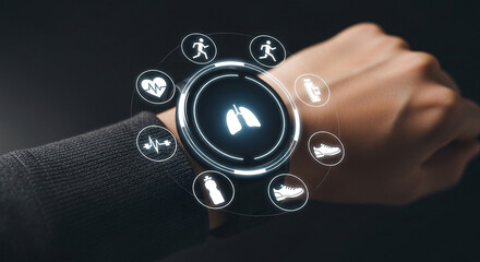 Modern Smartwatch Displaying Health and Fitness Metrics, Featuring Lungs, Heart
