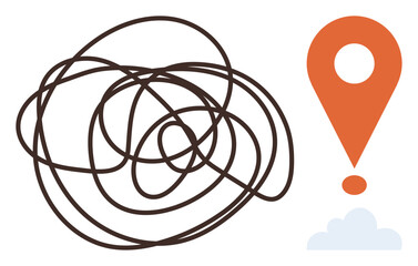 Tangled scribble alongside destination marker with cloud base symbolizing problem-solving, navigation, clarity, and focus. Ideal for journey planning, decision-making, problem resolution, direction