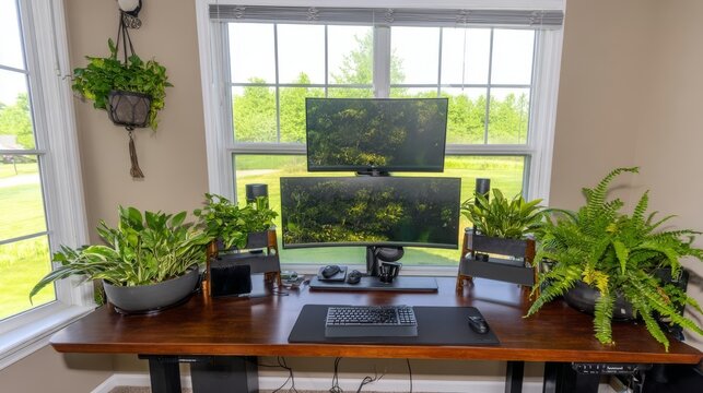 Home office setup featuring dual monitors on a wooden desk surrounded by lush green plants, creating a serene and productive workspace atmosphere with natural light - Powered by Adobe