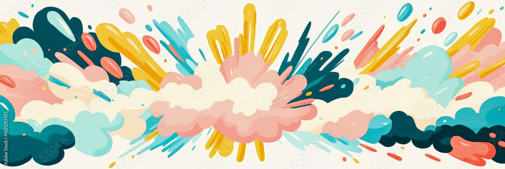 Poster dynamic and colorful abstract illustration depicting a playful explosion of soft, cloud-like forms, 