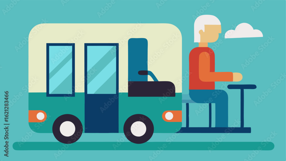 Poster bus ride a person using a mobility scooter sitting comfortably on a bus with a ramp deployed while t