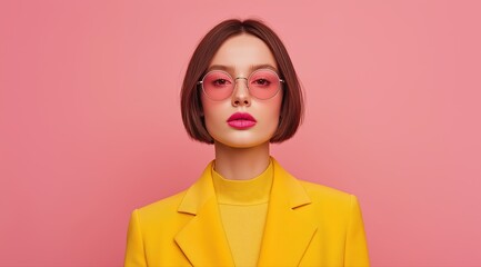 Stylish women in yellow blazers and colorful glasses stand confidently against vivid pink backgrounds in a modern fashion shoot