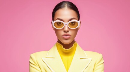 Stylish women in yellow blazers and colorful glasses stand confidently against vivid pink backgrounds in a modern fashion shoot