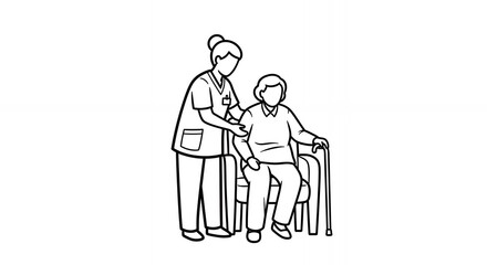 Black and White Line Art Depicting a Nurse Helping an Elderly Woman in a Chair medical hand drawn sketch line art outline doodle minimal minimalistic black white simple cartoon drawing illustration