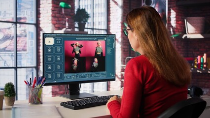 Graphic designer using AI chatbot turning text prompt into photos and retouching, ensure original content for clients. Creative woman using machine learning for photographer portfolio. Camera B.