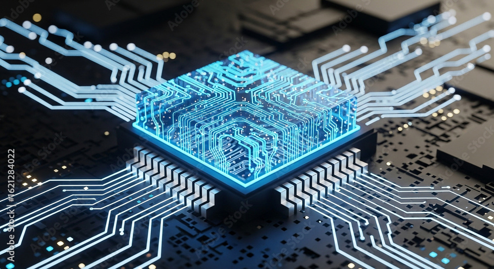 Poster 3d render of a modern central processing unit, featuring glowing blue circuitry and advanced technol