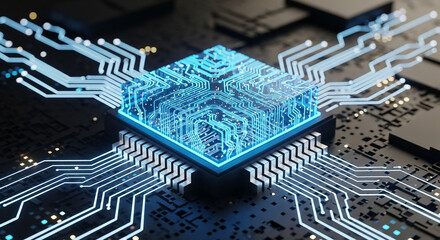 3D Render of a Modern Central Processing Unit, Featuring Glowing Blue Circuitry and Advanced Technology, for High Performance Computing