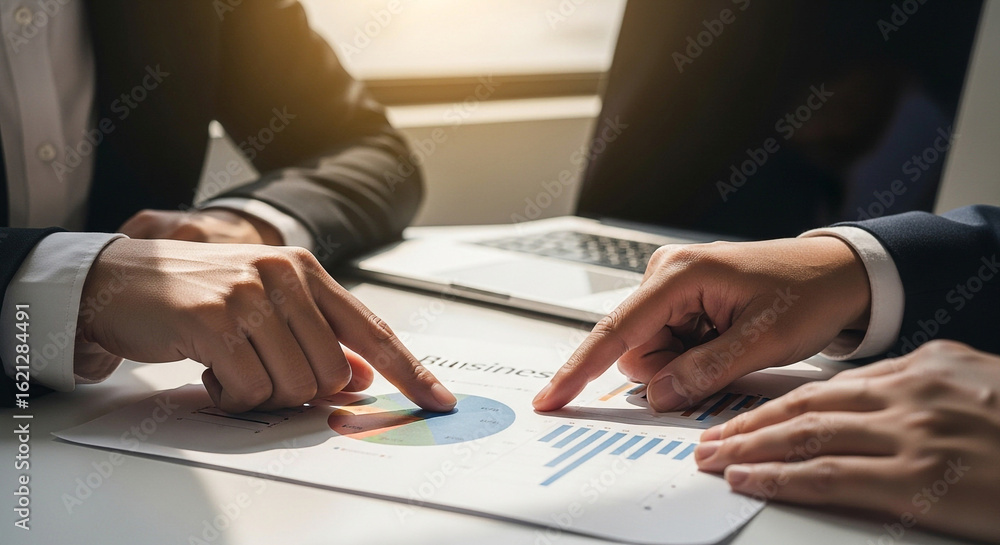 Poster collaborative business analysis featuring hands pointing at charts and graphs on a table with a lapt