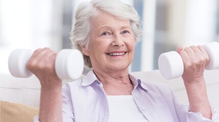 Senior woman with gray hair is exercising at home, lifting white dumbbells while sitting on a couch, showcasing a healthy lifestyle and commitment to fitness and well-being