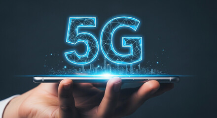 Innovative 5G Network on Mobile Device Featuring Cityscape, Representing High-Speed Connectivity and Modern Technology for Digital Communication and Global Connection