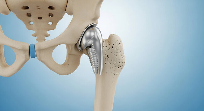 3D Render of a Modern Hip Implant, Femur and Pelvis Bones, Showing a Total Hip Arthroplasty for Medical and Surgical Reference