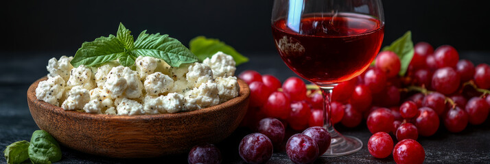 Close-up of fresh, creamy white cheese with mint in a wooden bowl, paired with vibrant red grapes and a glass of ruby red wine on a dark, rustic background.