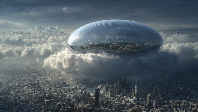 Cityscape below futuristic airship, cloudy sky.  Possible use Sci-fi film