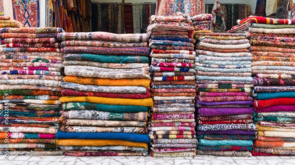 Poster colorful textiles stacked neatly in a vibrant market display, showcasing intricate patterns and rich