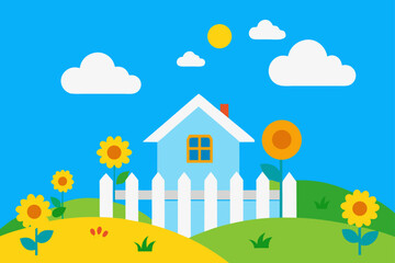 Quaint house nestled in a vibrant landscape with trees, sun, and clouds, perfect for an illustration of a village home