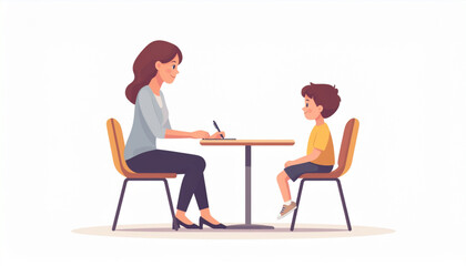 A woman and a child sit at a table, engaged in a consultation or discussion.