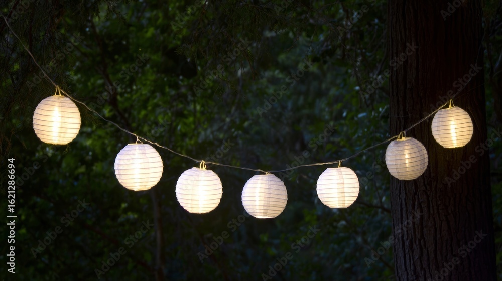 Poster string of glowing paper lanterns hanging between trees in a serene outdoor setting, creating a warm 