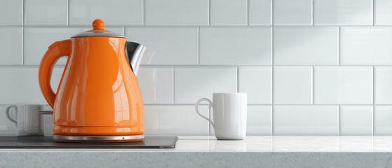 Modern Orange Kettle and White Mug on Kitchen Counter