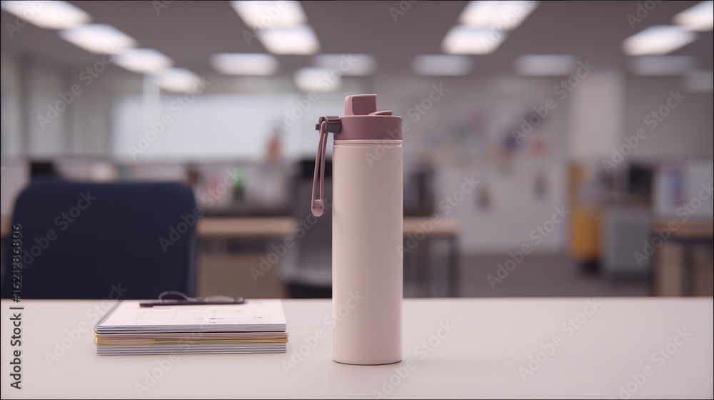 Poster stylish reusable water bottle with a pink lid placed on a clean desk beside a stack of colorful note