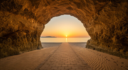 Scenic Sunset Through a Coastal Cave Archway A Pathway to the Horizon on a Sandy Beach, 8.png