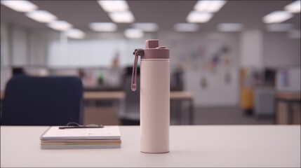 Stylish reusable water bottle with a pink lid placed on a clean desk beside a stack of colorful notepads in a modern office environment showcasing sustainability and organization