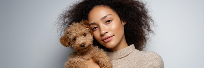 Young african female holding cute fluffy puppy against light background