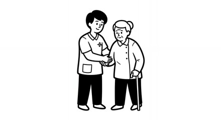 Caregiver Assisting Senior Woman with Cane Medical Hand Drawn Sketch Line Art Outline Doodle in Black and White Minimal Style Clean Design Illustration Isolated Vector