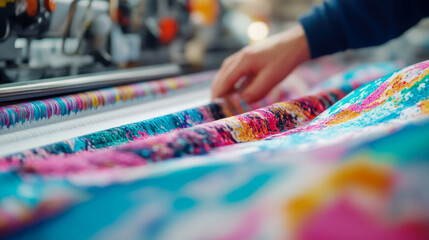 Vibrant, abstract patterned fabric being digitally printed or processed on an industrial textile machine, with a human hand carefully monitoring the colorful production line.