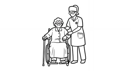 Caretaker Assisting Elderly Person in Wheelchair Black and White Medical Illustration in Hand Drawn Sketch Line Art Style Isolated on White Background A Simple Monochrome Design