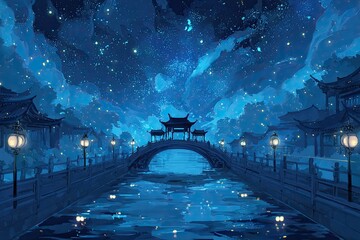 Night scene Starry sky over arched bridge, Asian village.  Possible use fantasy illustration