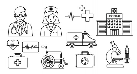 Comprehensive Medical Sketch Line Art Set Featuring Doctor Nurse Hospital and Equipment in Monochrome Illustration Style for Medical Decoration Hand Drawn Vector Design