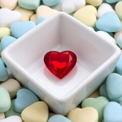 Red heart in white dish amidst pastel hearts