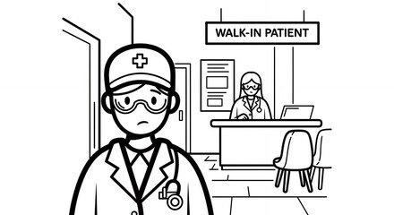 Concerned Doctor in Lab Coat at Walk-In Patient Reception Area Hand Drawn in Black and White Medical Illustration sketch Line Art Style isolated design clean drawing minimalistic vector style