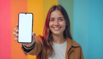 Naklejka premium happy woman holding smartphone with blank screen on colorful background