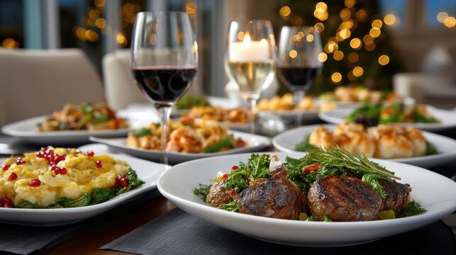 A beautifully arranged dining table showcases gourmet dishes and glasses filled with red and white wine, perfect for a festive gathering. The warm lighting adds to the cozy ambiance