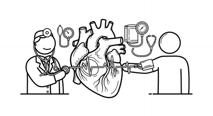 Detailed Black and White Heart Examination Illustration in Hand Drawn Medical Style Featuring Medical Professionals, Blood Pressure Monitoring Devices, and Clean Outline Design, Perfect for Medical