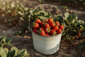 Fresh strawberries in a white bucket on a sunny farm.