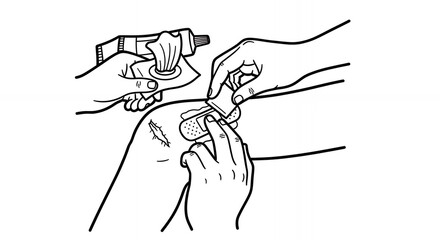 Detailed Black and White Line Art Depicts Medical Care For A Knee Wound Where Hands Apply Ointment and A Bandage Illustration Style Clean Design Medical,hand,drawn, sketch, line art