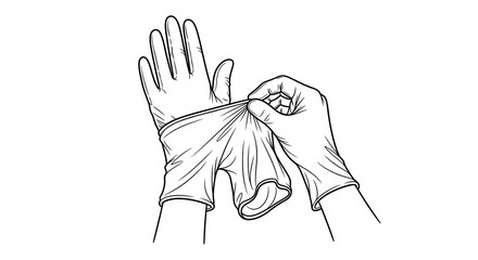 Detailed Black and White Line Art Depiction of Hands Putting on Medical Glove, Showcasing Sterile Procedure in Clean, Simple Style with Essential medical,hand,drawn, sketch, line art, outline