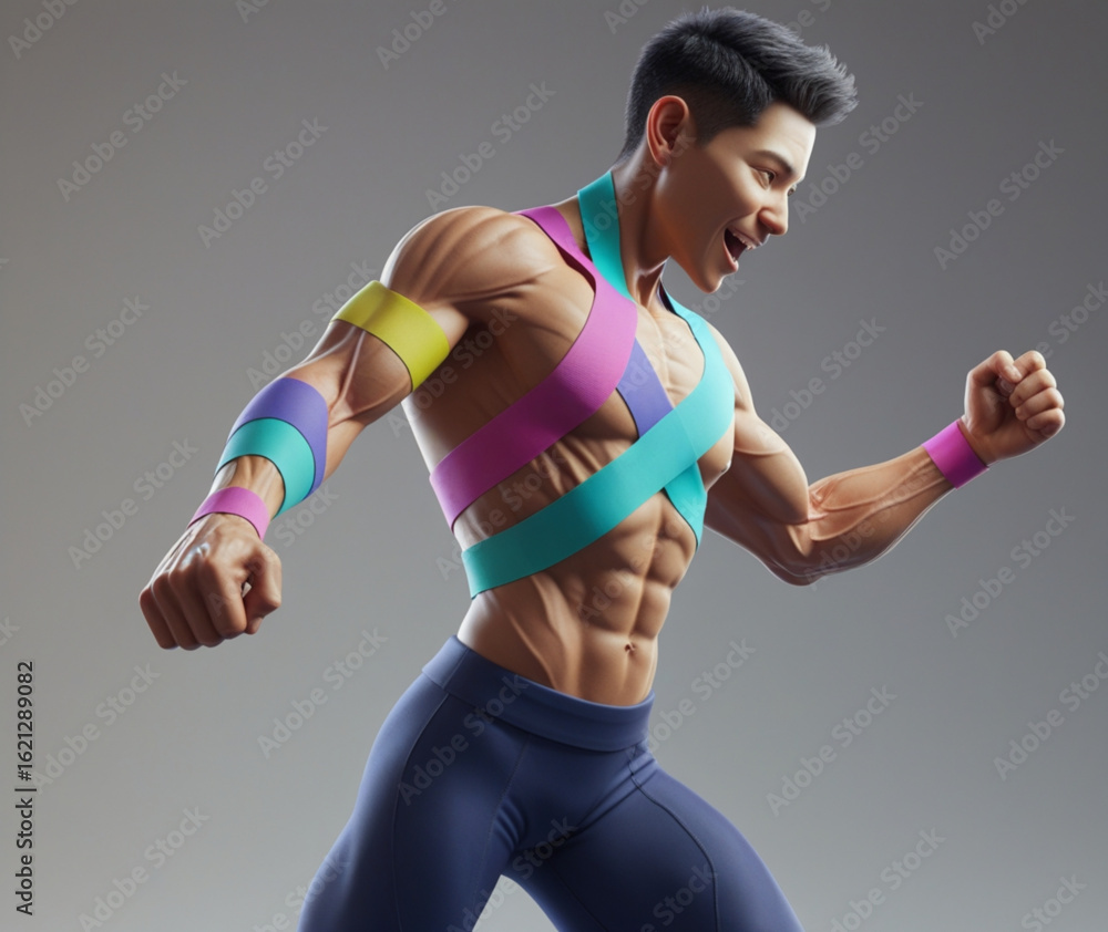 Poster athletic man with colorful tape on torso and arms in dynamic pose against a neutral gray background 