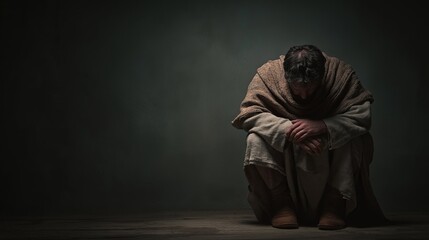 A man in a robe sits in darkness, head bowed in sorrow or reflection